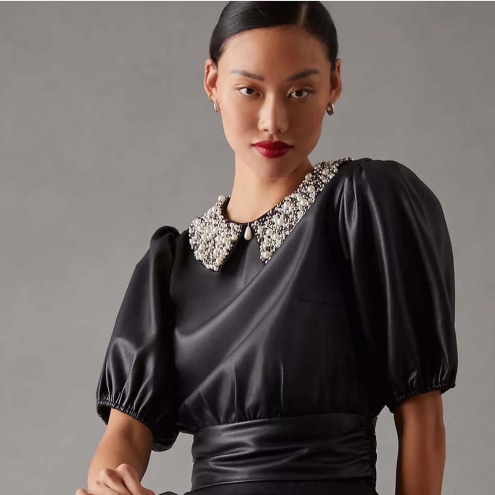 Maeve Faux Leather Puff Sleeve Blouse with Embellished Collar